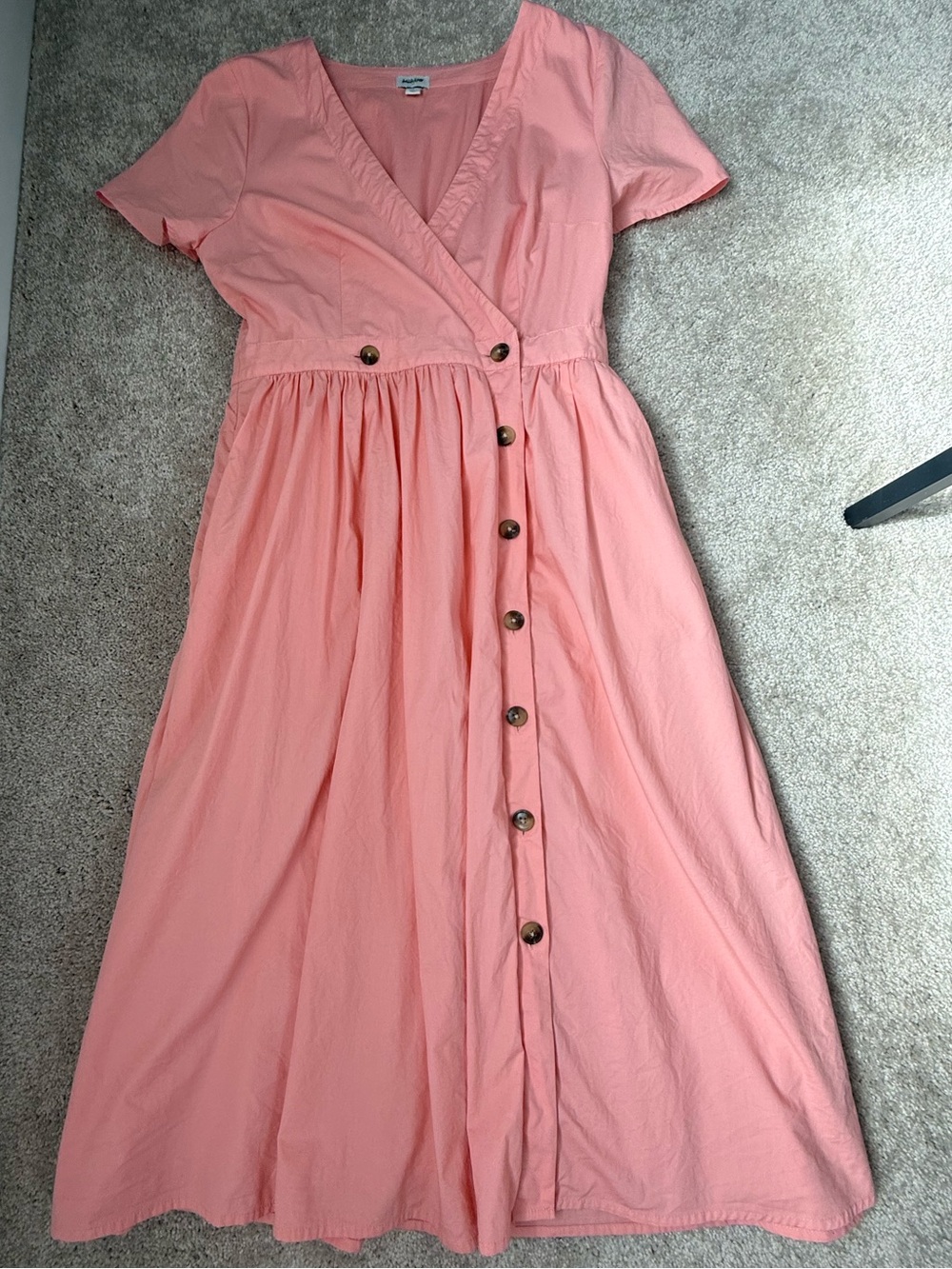 J. Crew Coral Pink Button-Front Wrap Midi Dress